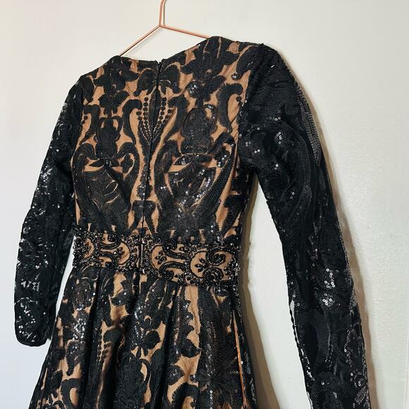 MAC DUGGAL Black Nude Sequin Lace Burnout Embellished A-Line Dress Size 4 NWT - Picture 15 of 16